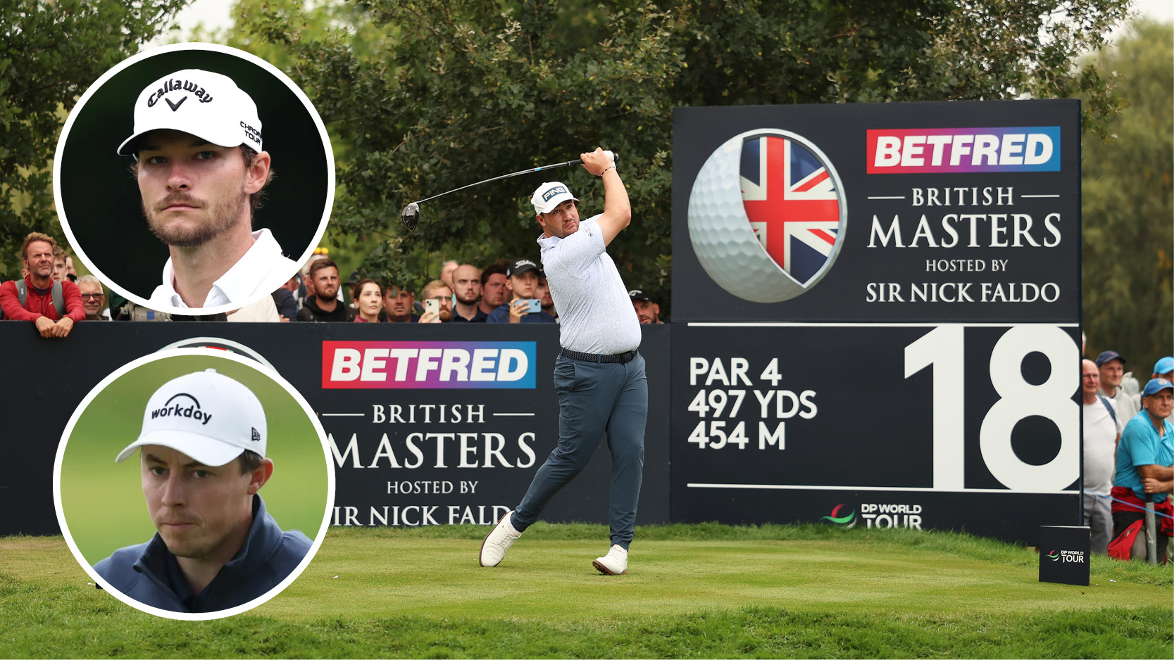 Main picture of Thriston Lawrence hitting driver from the 18th tee at The Belfry&#039;s Brabazon Course during round four of the 2024 British Masters with inset headshots of Nicolai Hojgaard (top left) and Matt Fitzpatrick (bottom left)
