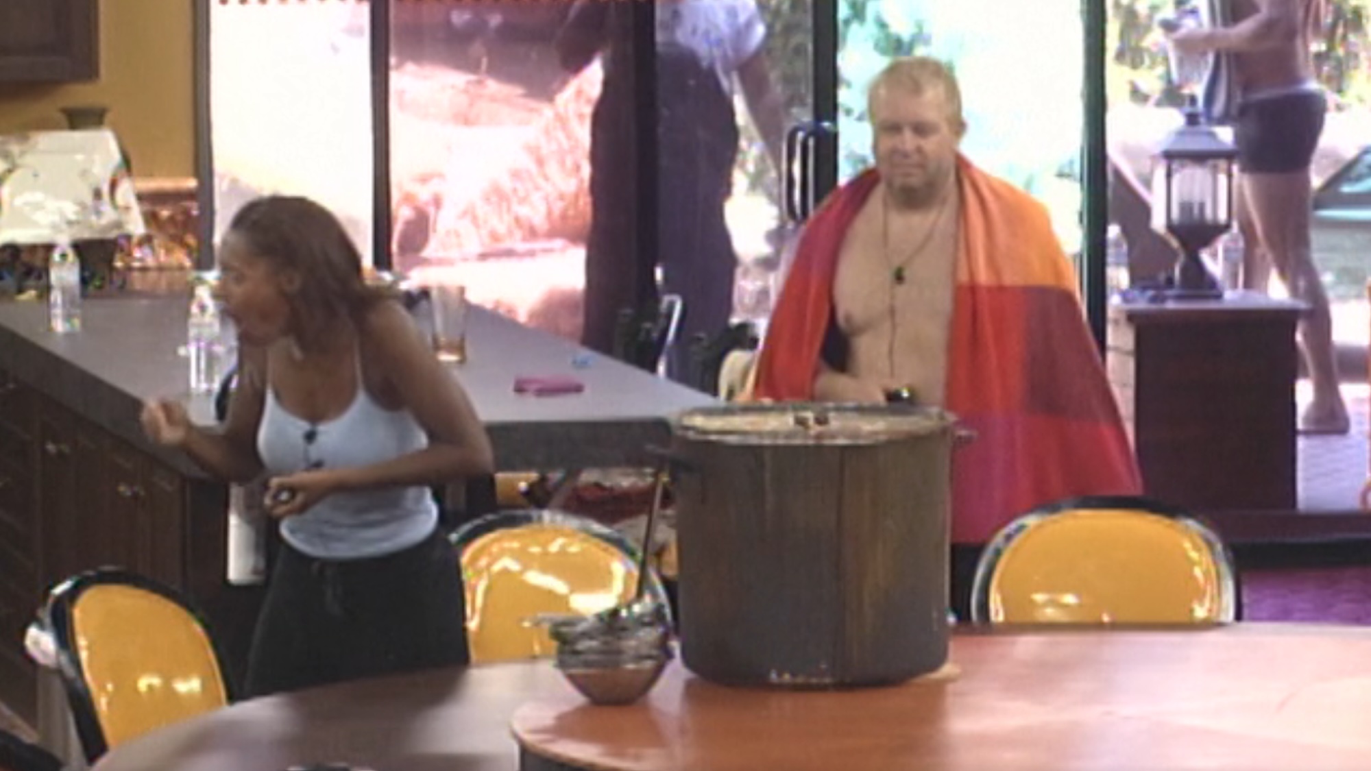 Danielle and George reacting to the pot of slop in Big Brother All Stars