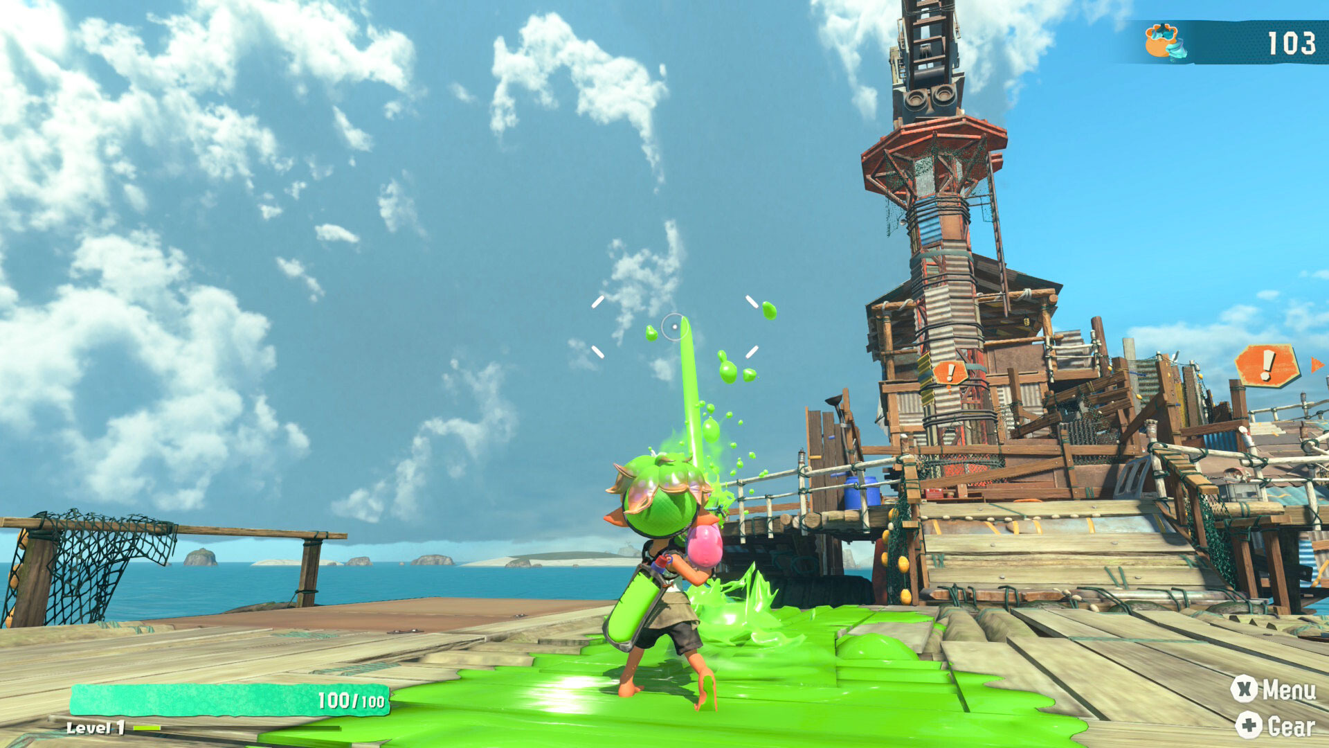The Mechanic shooting ink onto the deck of the hideout ship in Splatoon Raiders