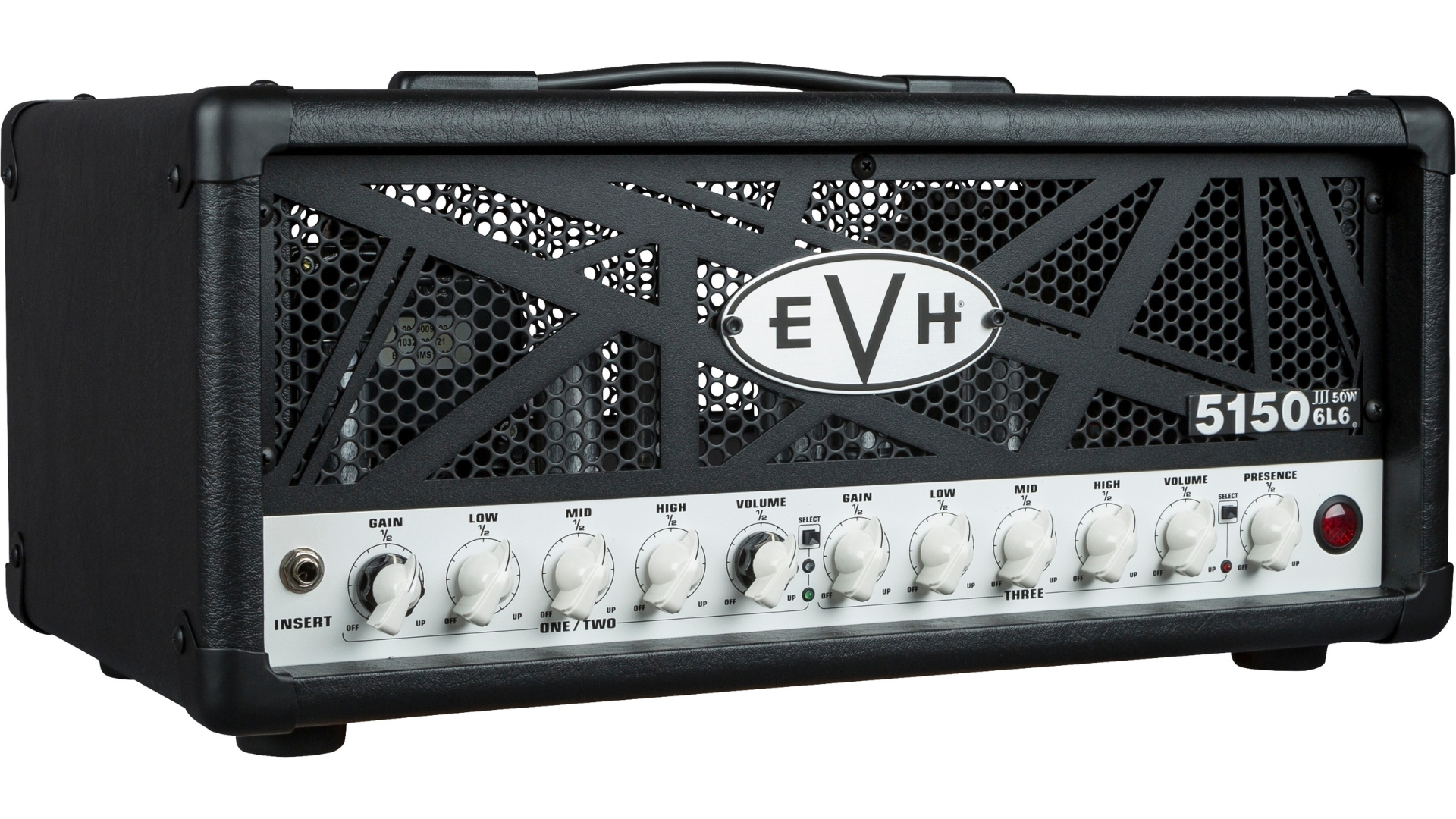 An EVH 5150III 6L6 50W tube amp head on a white background