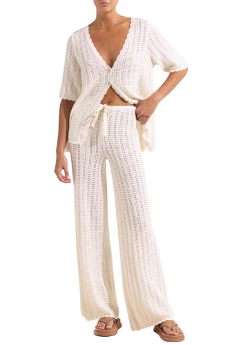 Imily Bela Women's Summer 2 Piece Swimsuit Cover Up Crochet Knit Cardigan Tops Long Pants Set Bathing Suit Beach Outfit