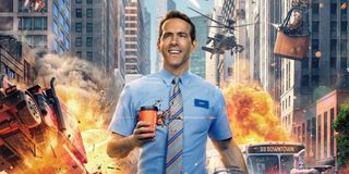 Guy (Ryan Reynolds) walks oblivious to the destruction behind him in a promotional image for 'Free Guy'