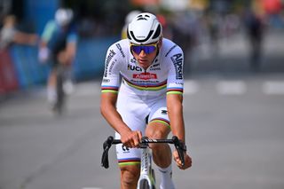 AALTER BELGIUM AUGUST 31 Mathieu Van Der Poel of The Netherlands and Team Alpecin Deceuninck crosses the finish line during the 20th Renewi Tour 2024 Stage 4 a 1785km stage from Oostburg to Aalter UCIWT on August 31 2024 in Aalter Belgium Photo by Luc ClaessenGetty Images