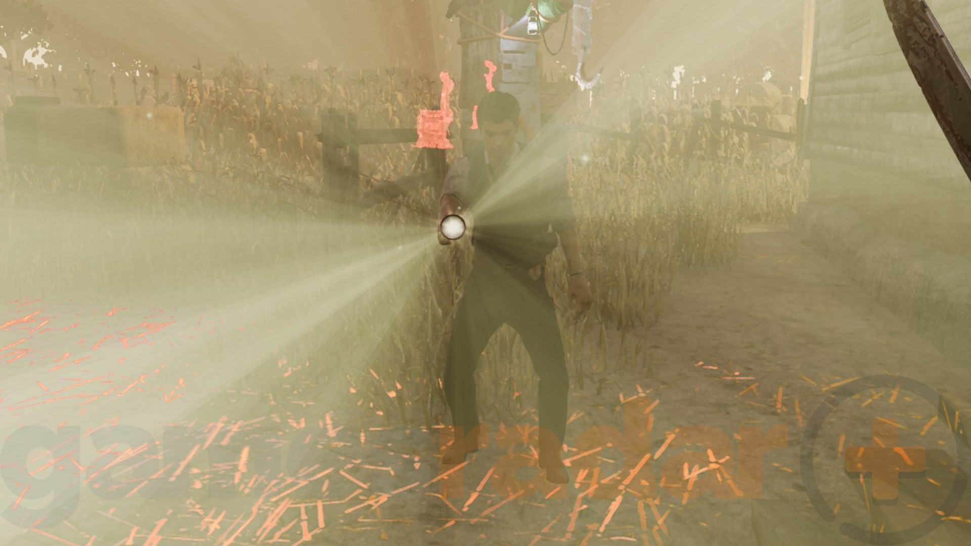 A well-dressed Leon Kennedy uses a flashlight to blind the killer player in DBD.