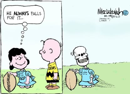 Political Cartoon U.S. gop bipartisanship democrats peanuts lucy charlie brown