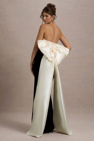 Take a Bow | Black & Cream Velvet Strapless Maxi Dress With Oversized Bow