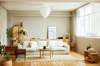 Living room with pine wooden floor boards