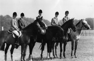The British equestrian team at the Montreal Olympics. From left: Lucinda Prior-Palmer, Princess Anne, Richard Meade, Hugh Thomas and Captain Mark Phillips
