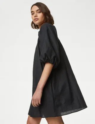 M&S Collection, Linen Rich Puff Sleeve Mini Smock Dress