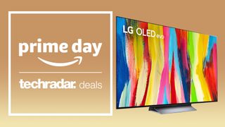 Amazon Prime Day sign next to LG OLED TV