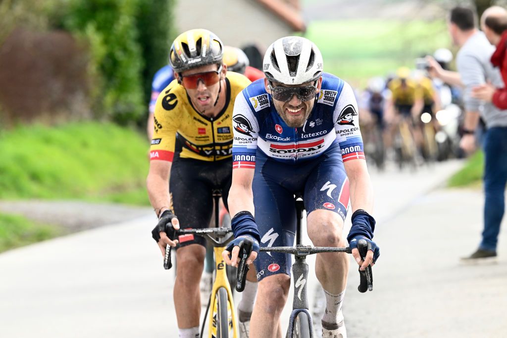 HARELBEKE, BELGIUM - MARCH 24 : Asgreen Kasper (DEN) of Soudal - Quick Step and Laporte Christophe (FRA) of Jumbo-Visma during the 66th Saxo Bank classic E3 Harelbeke UCI World Tour cycling race with start and finish in Harelbeke on March 24, 2023 in Harelbeke, Belgium, 24/03/2023 ( Motordriver Kenny Verfaillie &amp; Photo by Nico Vereecken / Photo News