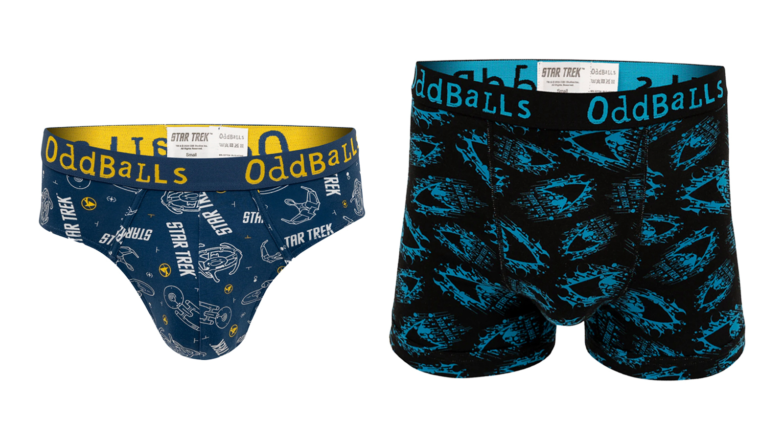 two pairs of oddballs star trek underwear on a white background