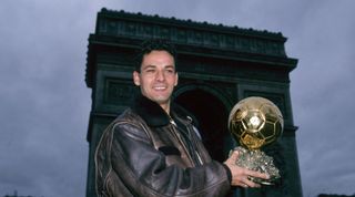 Roberto Baggio holding the Ballon d'Or trophy in Paris in 1993