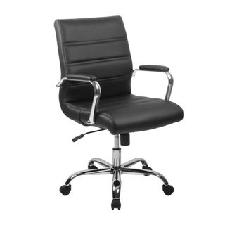 A black swivel chair with silver legs and arms