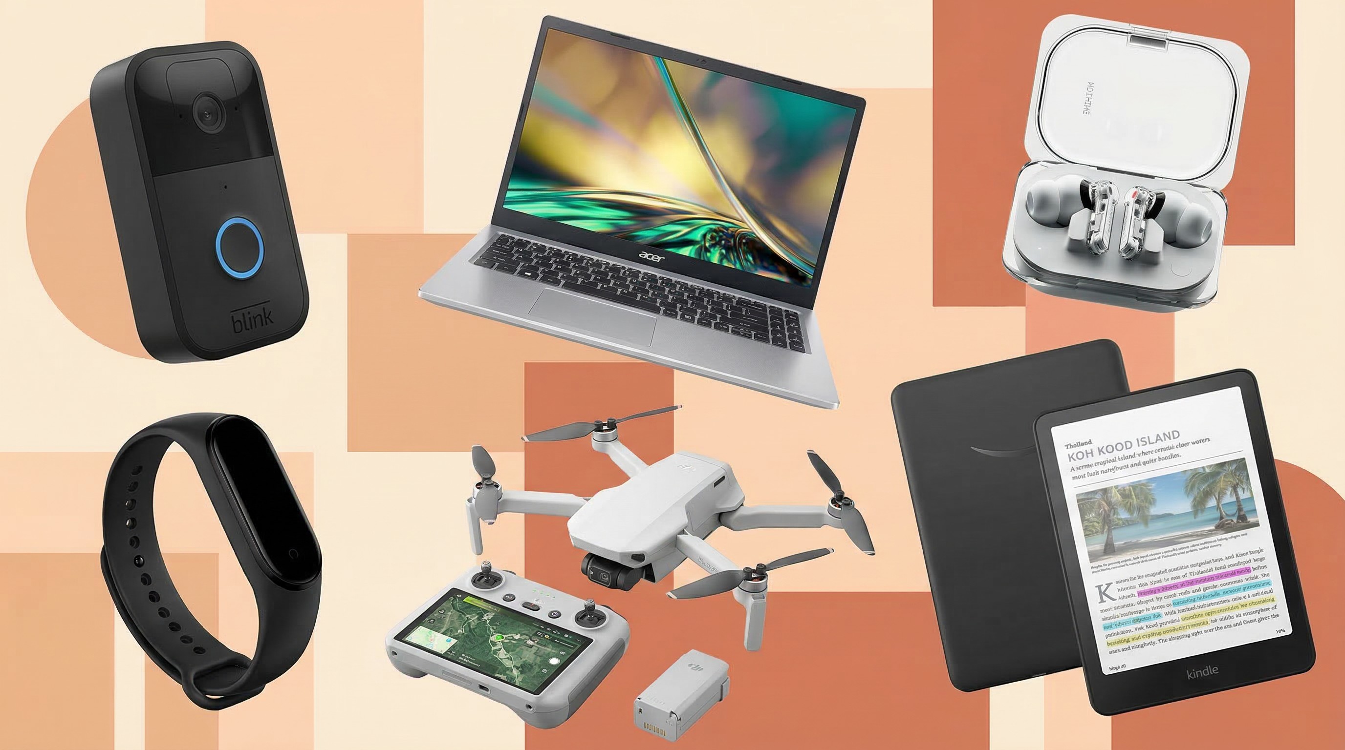 Assorted tech products on a geometric background.
