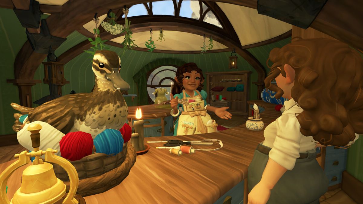 Two hobbits in a kitchen with a duck on the table during the upcoming Xbox Series X game, Tales of the Shire. 