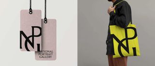 National Portrait Gallery rebrand on tags and a tote bag