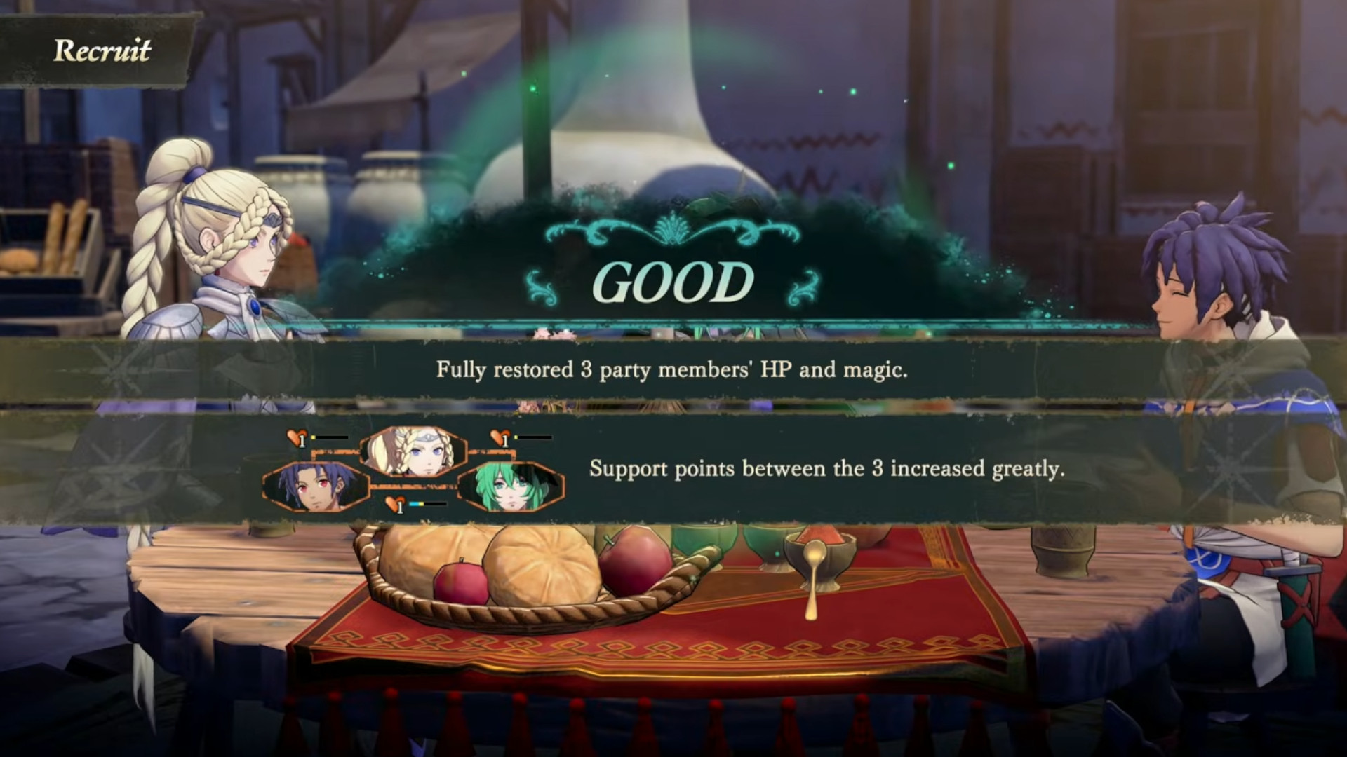 Cai and two other characters sharing a meal and increasing their bonds during Fire Emblem: Fortune's Weave