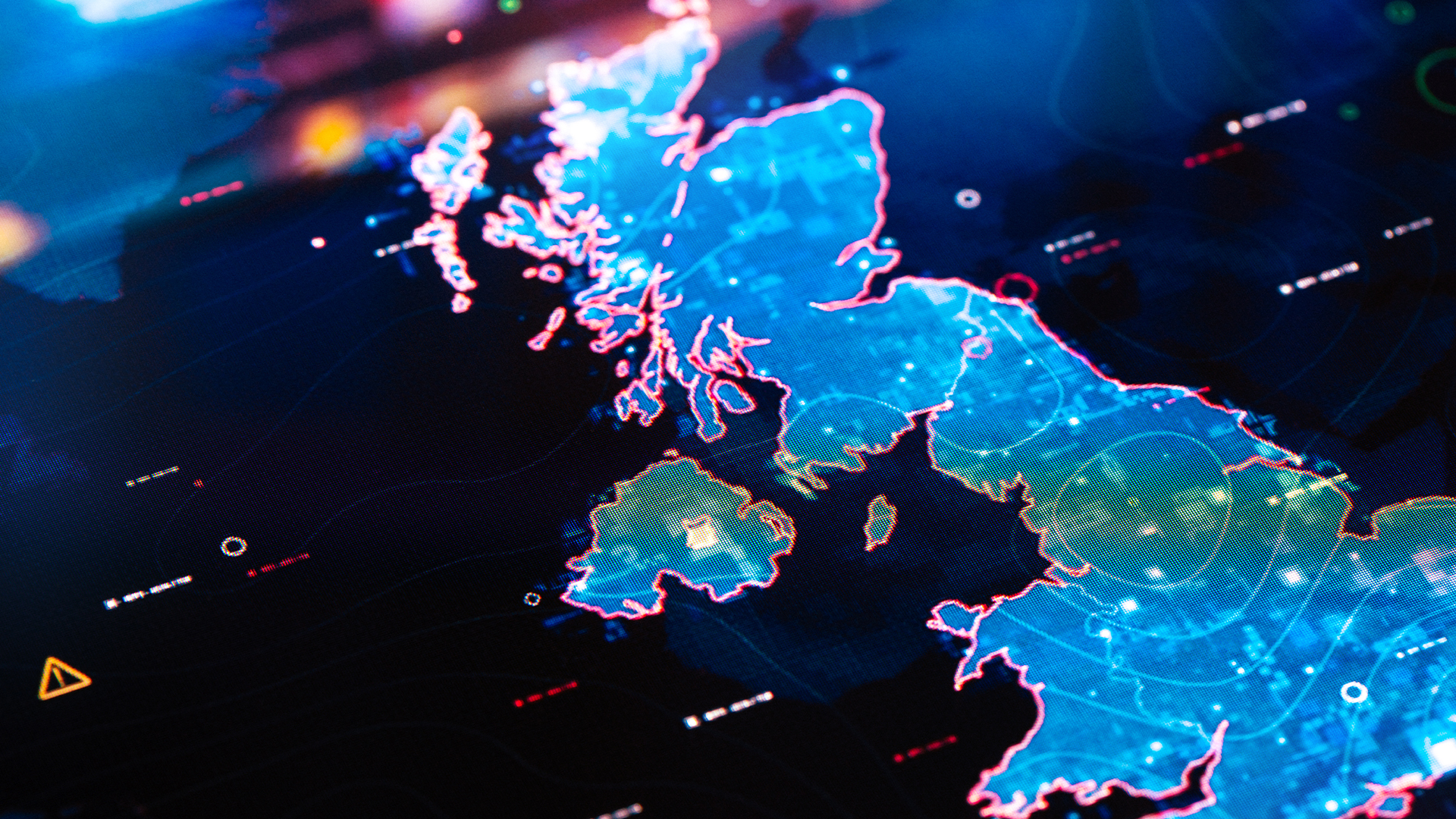 Map of the United Kingdom and Northern Ireland on a digital interface.