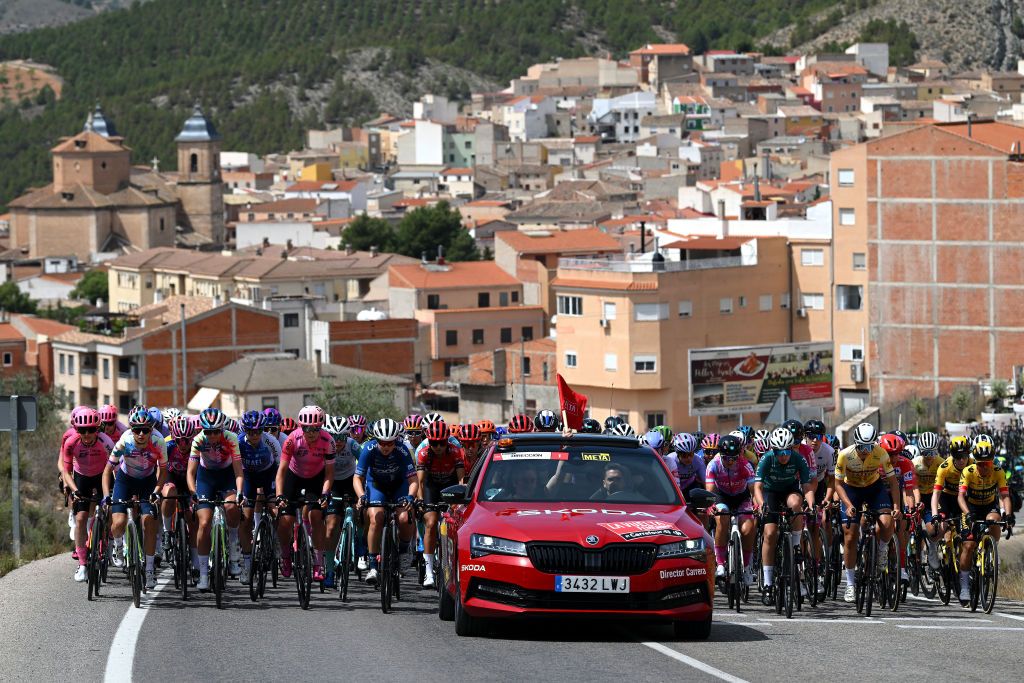 ELCHE DE LA SIERRA SPAIN MAY 03 A general view of the peloton competing prior to the 9th La Vuelta Femenina 2023 Stage 3 a 1578km stage from Elche de la Sierra to La Roda UCIWWT on May 03 2023 in Elche de la Sierra Spain Photo by Dario BelingheriGetty Images