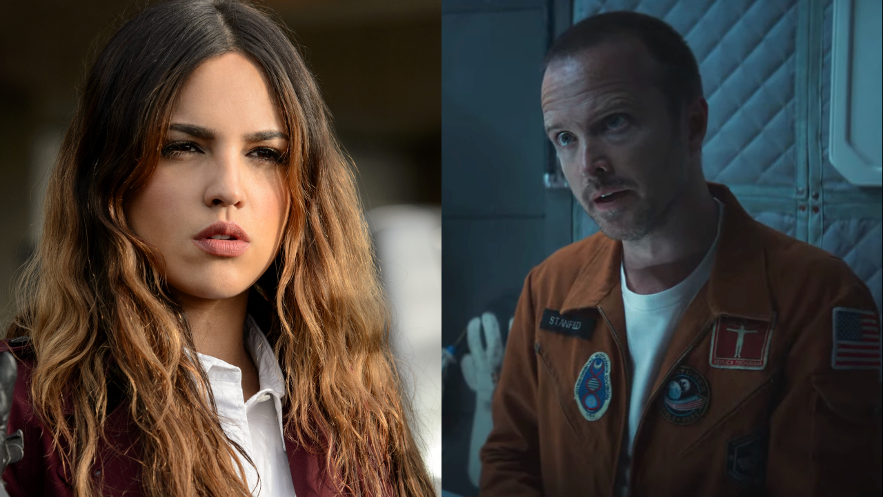 Eiza Gonzalez stands firm with a look of determination in Baby Driver, and Aaron Paul looking confused in uniform from Black Mirror, pictured side by side.