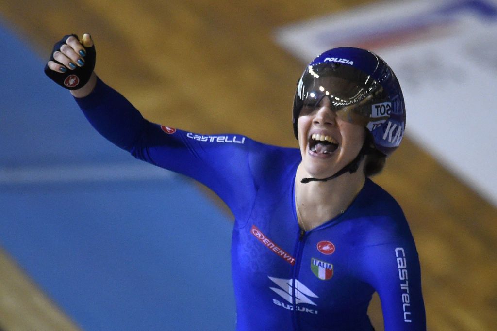 Italys Martina Fidanza celebrates after winning the womens Scratch Race during the UCI Track Cycling World Championships at JeanStablinski velodrome in Roubaix northern France on October 20 2021 Photo by FRANCOIS LO PRESTI AFP Photo by FRANCOIS LO PRESTIAFP via Getty Images