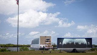 NASA&rsquo;s Pegasus barge, carrying the top four-fifths of the agency's Space Launch System core stage for the Artemis 3 mission, arrives at NASA&rsquo;s Kennedy Space Center Complex 39 turn basin wharf in Florida on April 27, 2026.