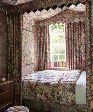 hollyhocks wallpaper, bed, duvet and ottoman