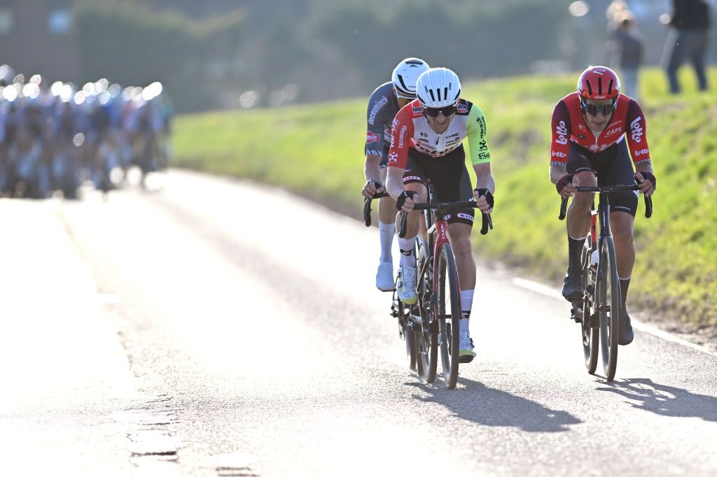 DOUR BELGIUM MARCH 04 LR Luca Van Boven of Belgium and Team Intermarch Wanty and Alec Segaert of Belgium and Team Lotto attack during the the 57th Ename Samyn Classic 2025 a 1991km one day race from Quaregnon to Dour on March 04 2025 in Dour Belgium Photo by Luc ClaessenGetty Images