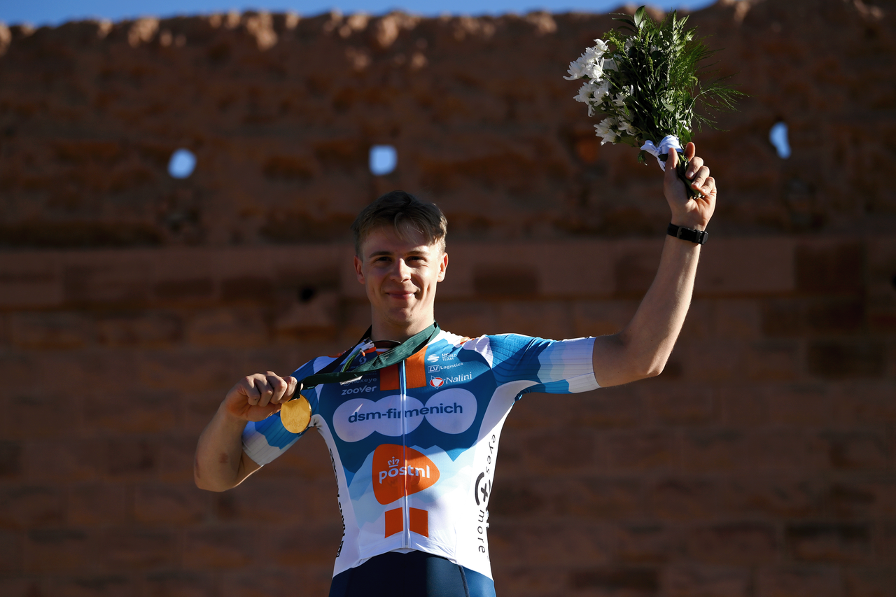 Casper van Uden on the AlUla Tour podium after his first pro win