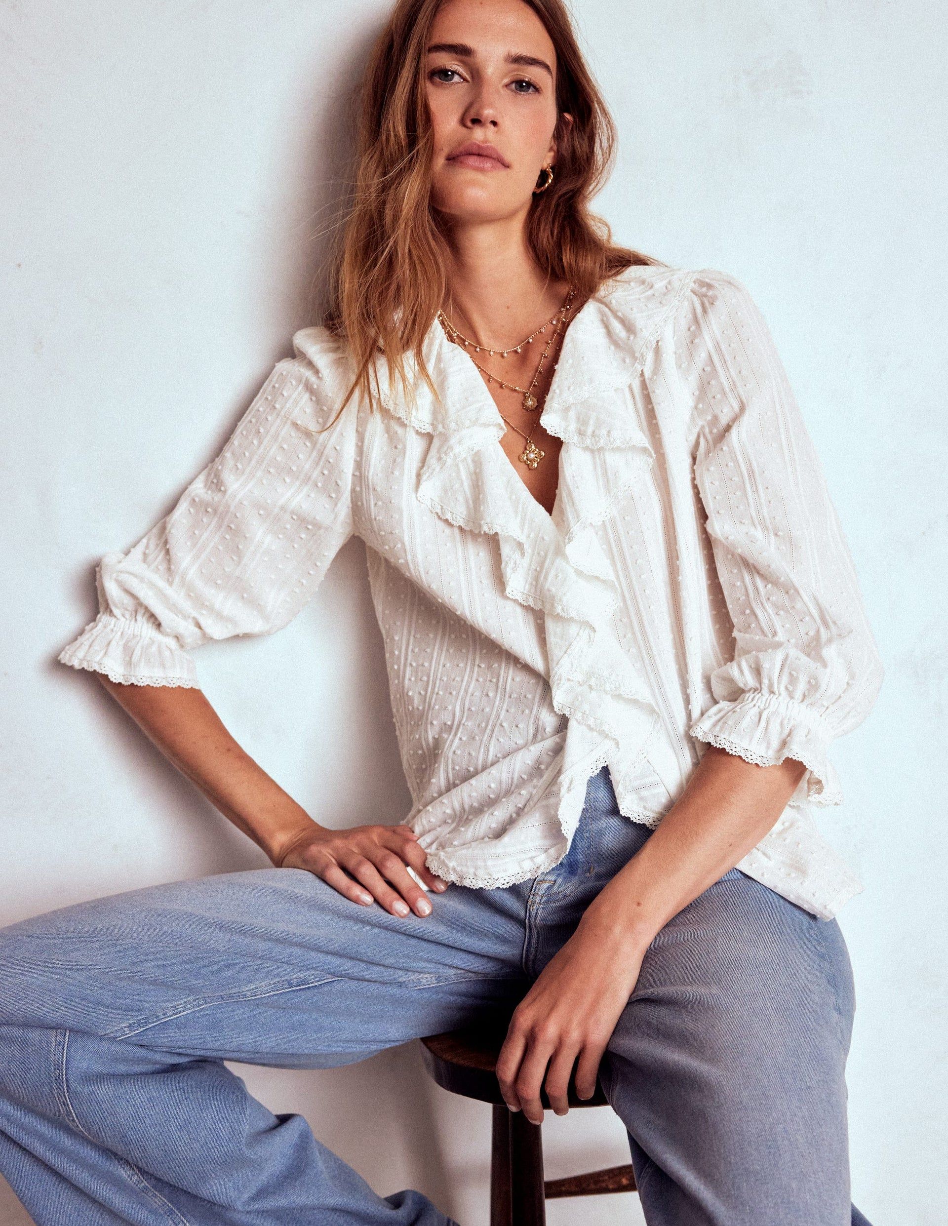 Eliza Ruffle V-Neck Blouse-White