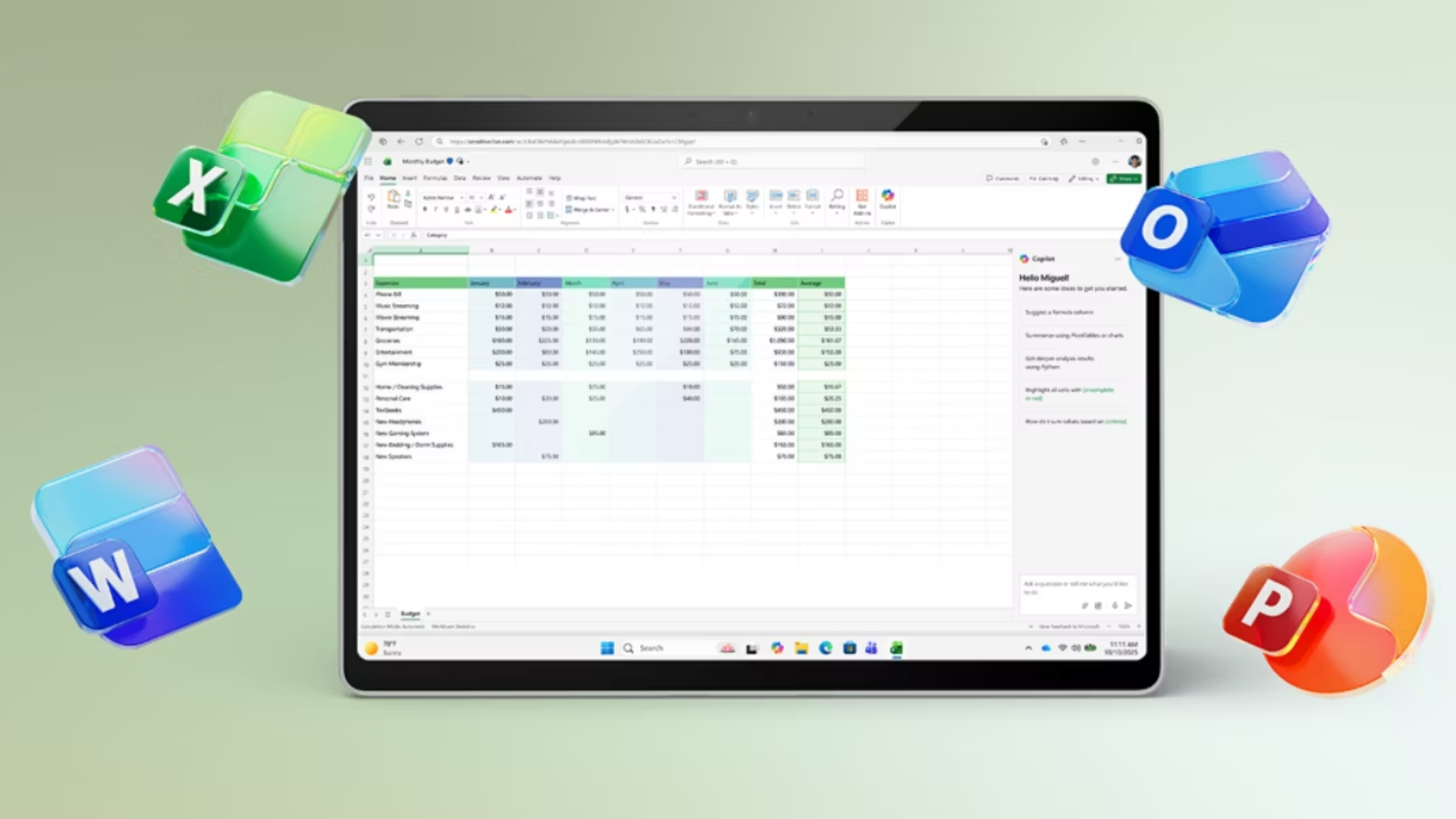 The Microsoft Office 2024 suite on a tablet, with icons for Excel, Word, Outlook, and PowerPoint flying from a screen displaying a spreadsheet