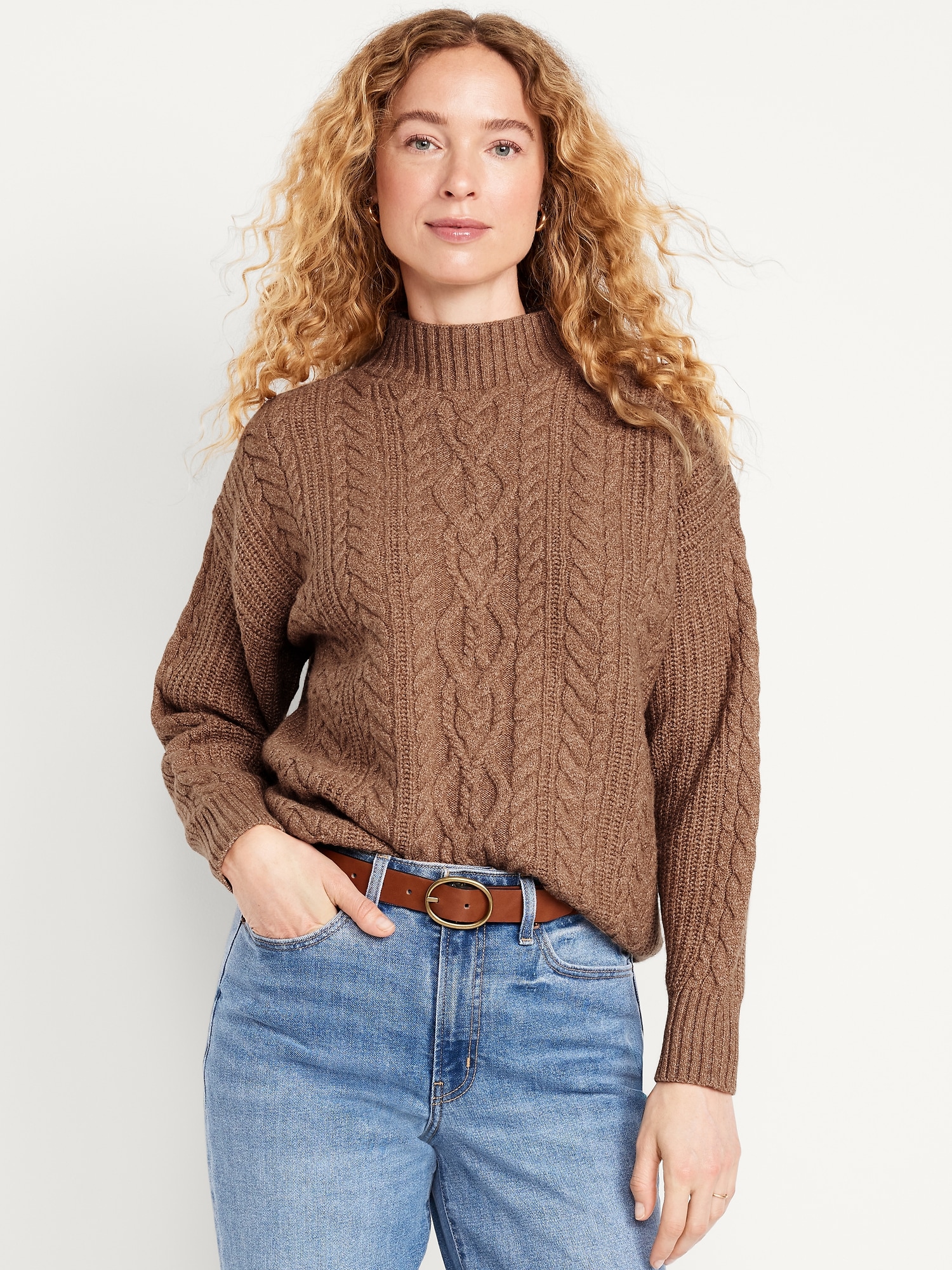 Sosoft Cropped Mock-Neck Cable Sweater