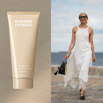 A woman in a white dress, black shoes and white headscarf holding a black bag. She is next to a bottle of summer fridays body lotion.
