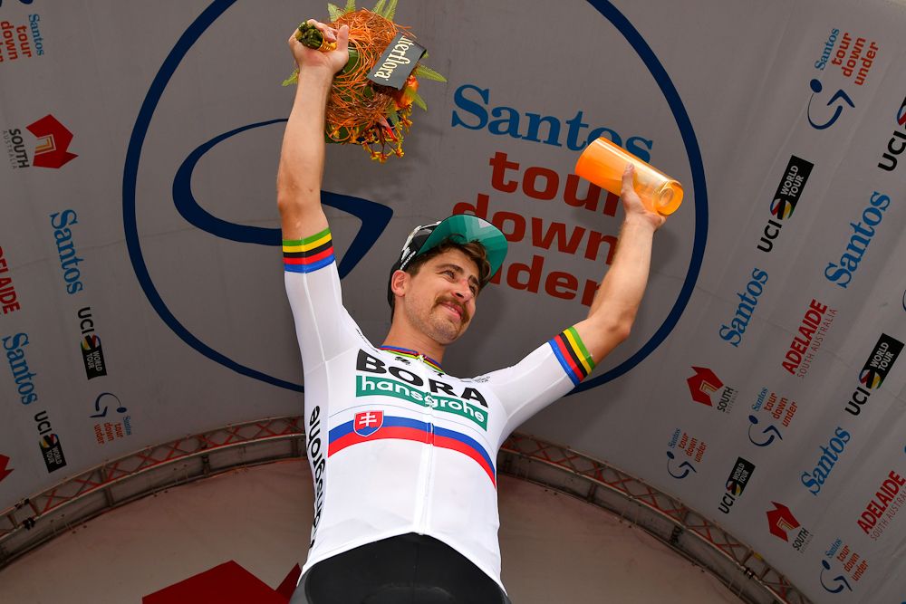 Peter Sagan on the Tour Down Under podium after winning stage 3