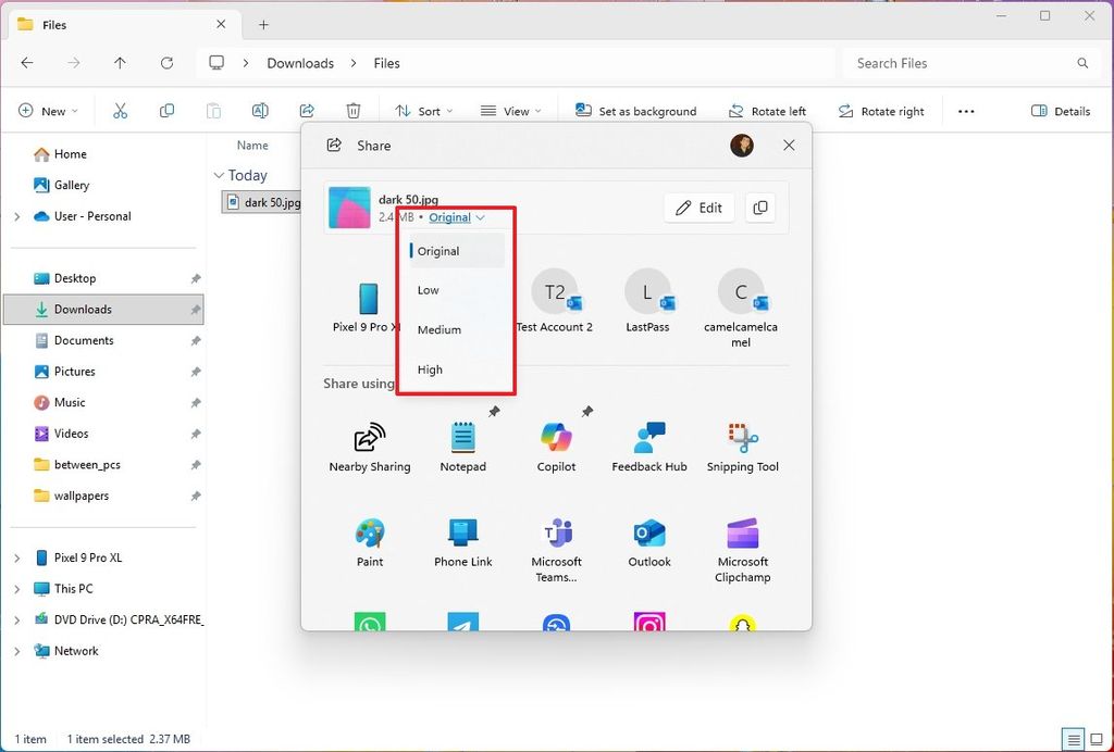 Windows Share with image compression options