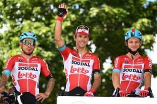 NYBORG DENMARK JULY 02 LR Caleb Ewan of Australia Philippe Gilbert of Belgium and Brent Van Moer of Belgium and Team Lotto Soudal during the team presentation prior to the 109th Tour de France 2022 Stage 2 a 2022km stage from Roskilde to Nyborg TDF2022 WorldTour on July 02 2022 in Nyborg Denmark Photo by Stuart FranklinGetty Images