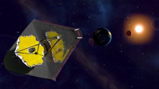 An artist's depiction of the James Webb Space Telescope, on the opposite side of Earth as the sun, with its five-layer shield blocking sunlight.