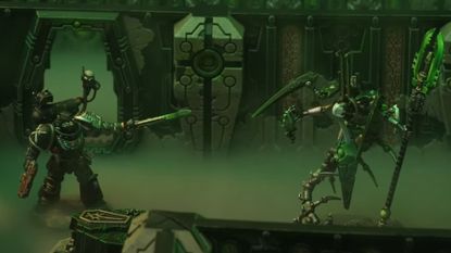 A Deathwatch Space Marine points a sword at a Necron in a misty, sci-fi tomb