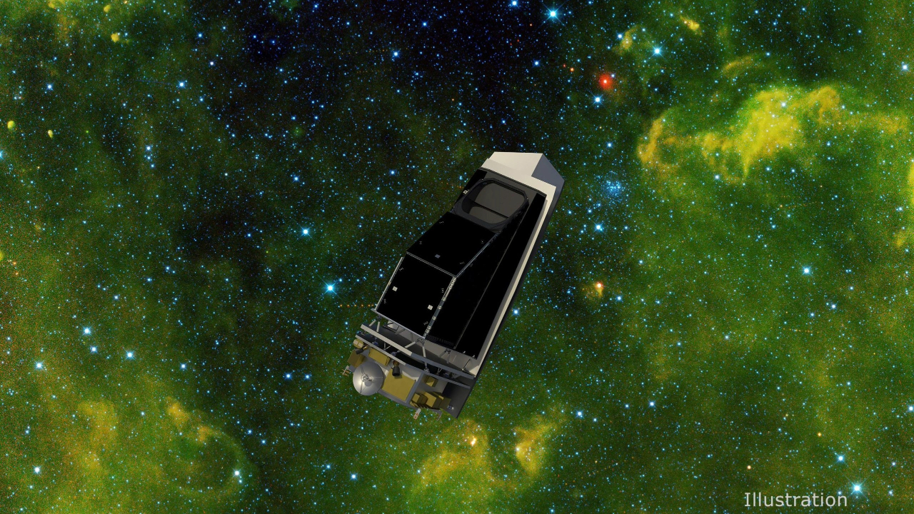 A small spacecraft floats in a green dust cloud in space