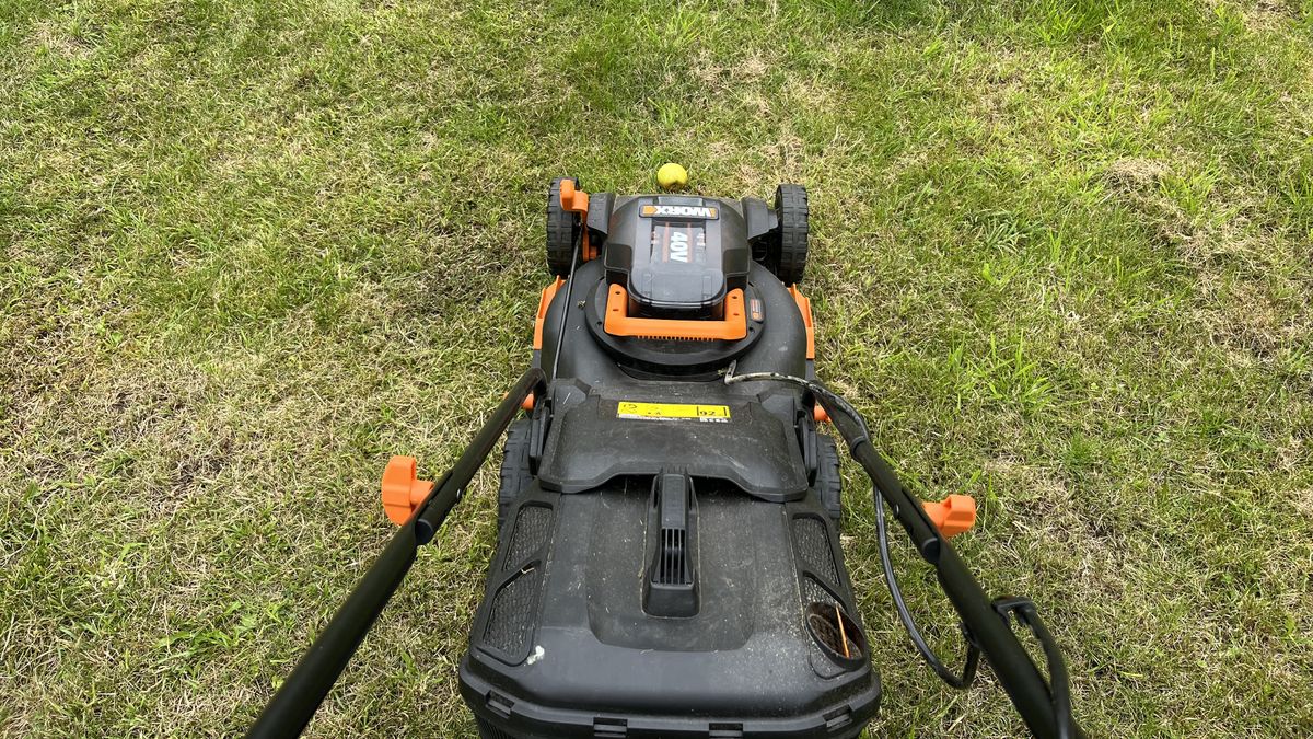 cutting up an apple to test the blade on the WORX WG743E Cordless Lawnmower