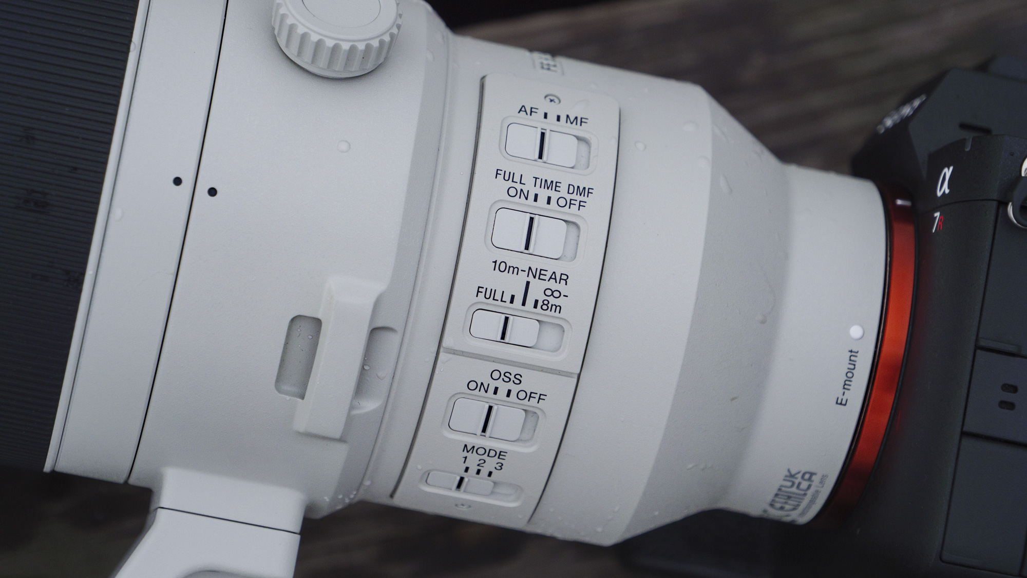 Closeup of the Sony FE 400-800mm F6.3-8 G OSS supertelephoto zoom lens's external controls
