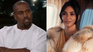 From left to right: A screenshot of Kanye West on Jimmy Kimmel Live and a press image of Kim Kardashian on All's Fair. 