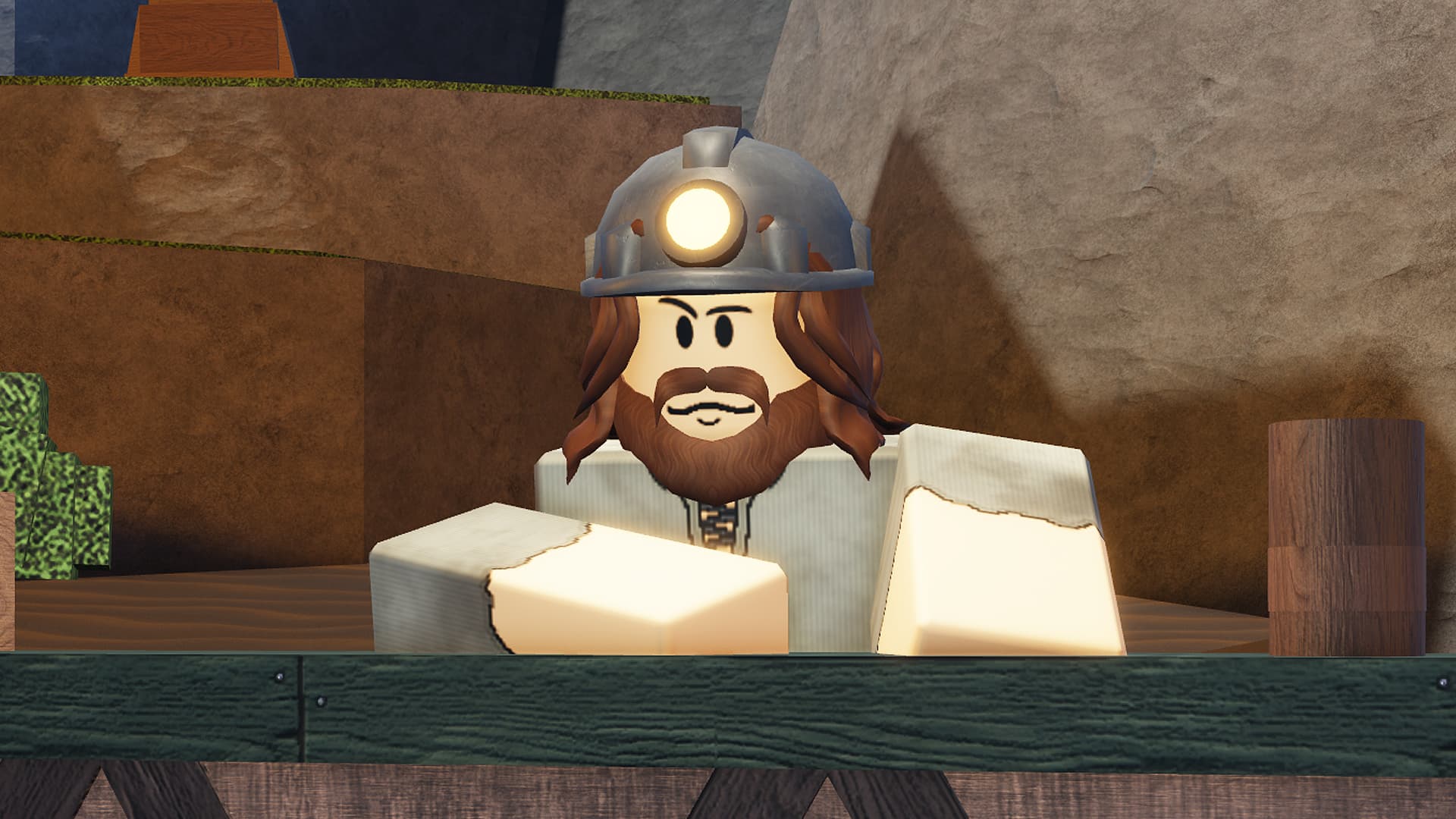 One of the shop NPCs in the Roblox game The Forge. He&#039;s got brown hair with a bear and is wearing a flashlight helmet, like a miner would. 