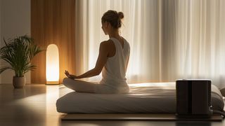 A woman sitting on Eight Sleep smart mattress in meditation pose with legs crossed in bedroom with lamp and plant.