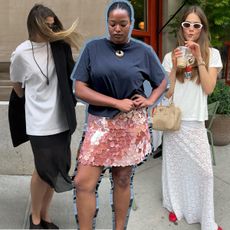 a collage of women in NYC and Paris wearing the same T-shirt over skirt outfit combination