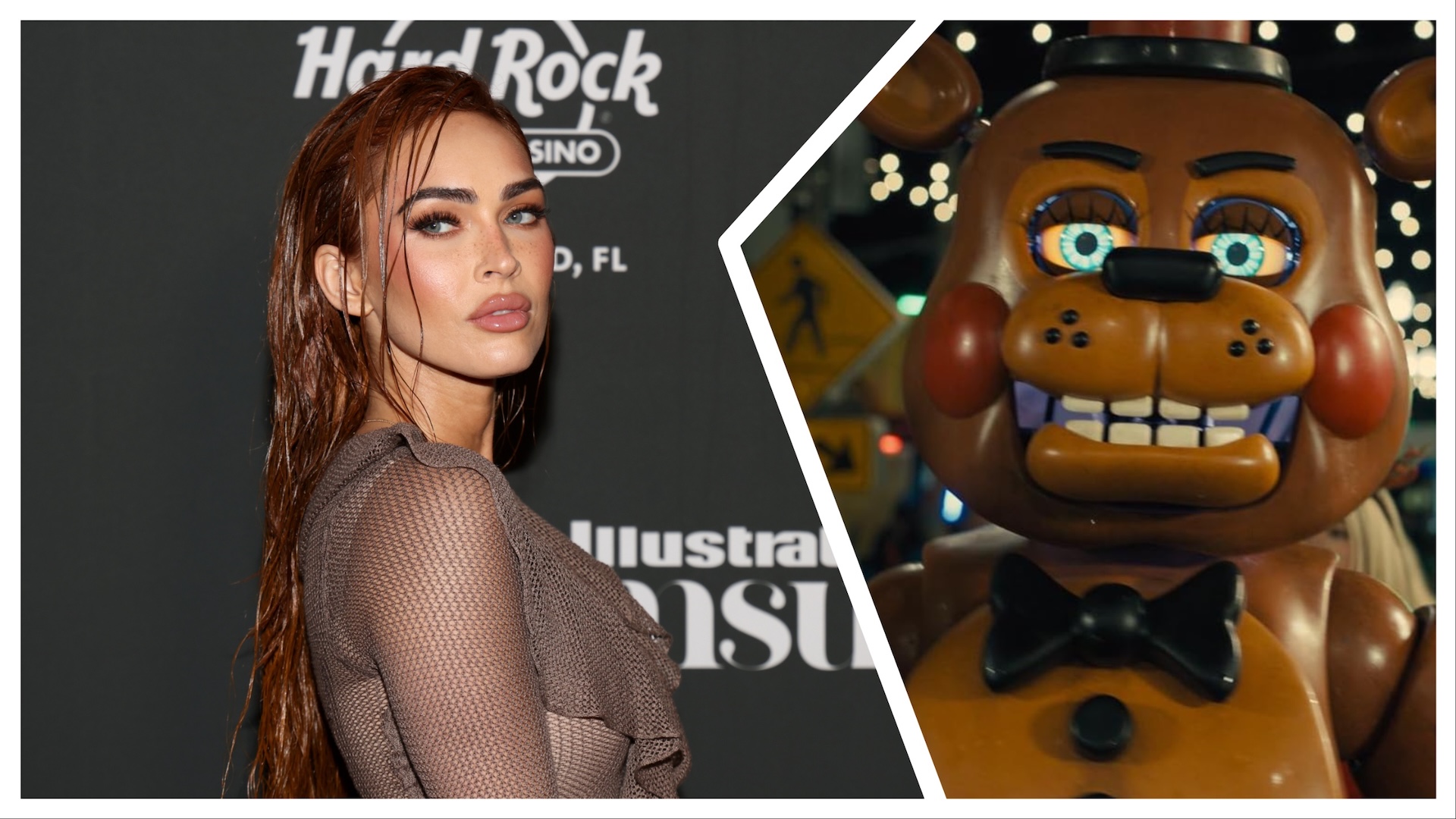 Megan Fox and a bear from Five Nights at Freddy's 