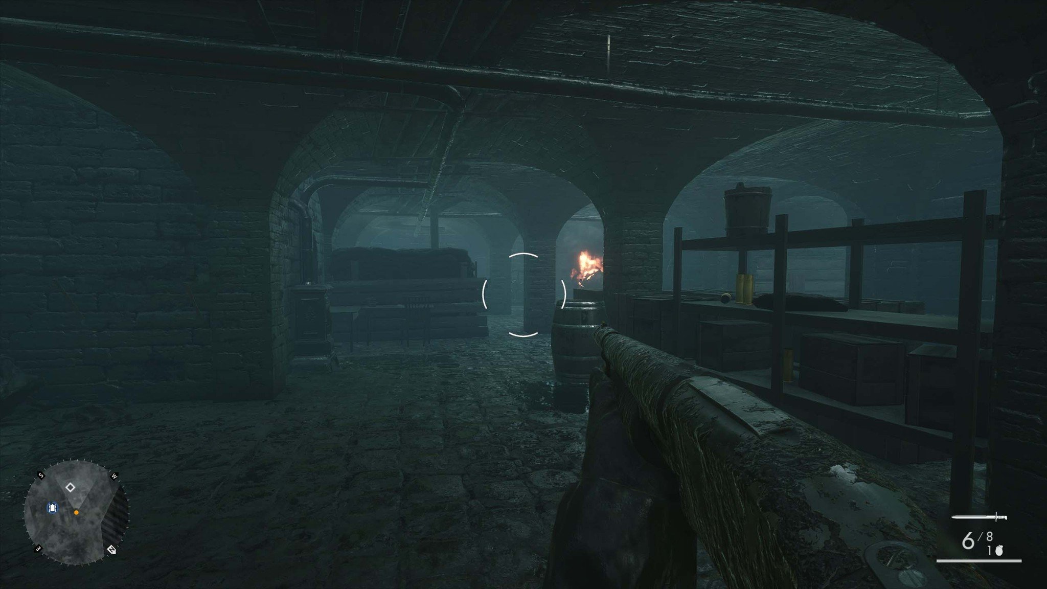 Enter the basement and turn left.