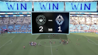 A soccer scoreboard projects via mixed reality at Bank of America Stadium.