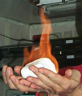 When brought to the surface, methane gas will escape from the hydrate and can be burnt off as seen in this picture.